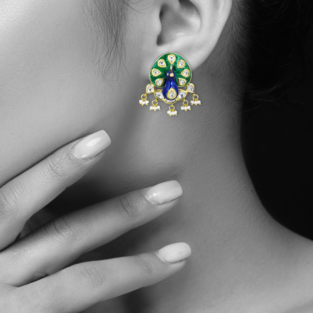 Peacock Motif Polki Earrings with Enamel and Pearls Cluster